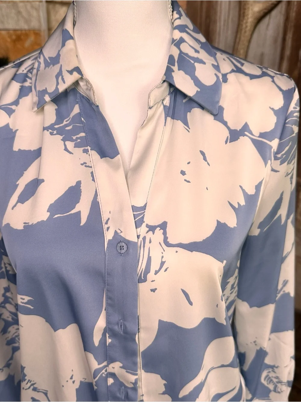 Women's Floral Button-Down Shirt in light blue and White